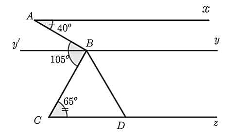 Cho hình vẽ dưới đây, biết rằng   A x ∥ y y ′  ,   ˆ x A B = 40 ∘ , ˆ C B A = 65 ∘ , ˆ B C y = 65 ∘  . Kẻ   B D   là tia phân giác của   ˆ C B y  .    a)   ˆ A B y ′   và   ˆ y ′ B C   là hai góc kề nhau.  b)   ˆ x A B = ˆ B A y ′ = 40 ∘  .  c)   y y ′ ∥ C x .    d)   ˆ C D B > 60 ∘  . (ảnh 1)