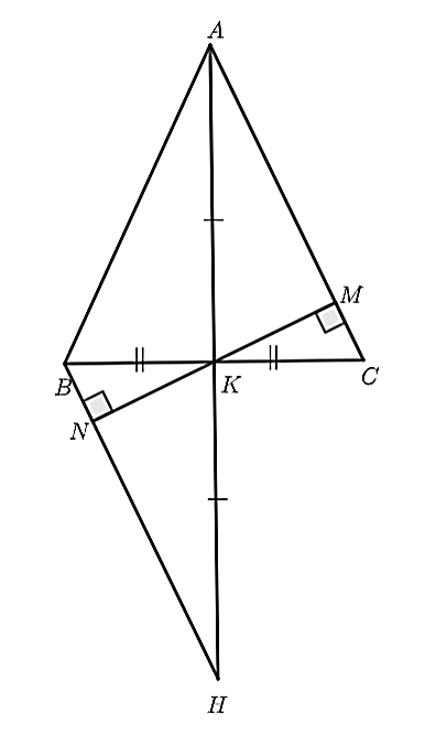 (1,5 điểm) Cho   Δ A B C   có   A B = A C .   Gọi   K   là trung điểm của đoạn thẳng   B C .   Trên tia đối của tia   K A ,   lấy điểm   H   sao cho   K H = K A  .  a) Chứng minh rằng   Δ A K C = Δ A K B .    b) Chứng minh   A C ∥ H B .    c) Từ   K   kẻ   K M ⊥ A C     ( M ∈ A C )  ;   K N ⊥ B H     ( N ∈ B H )  . Chứng minh rằng ba điểm   M , K , N   thẳng hàng. (ảnh 1)