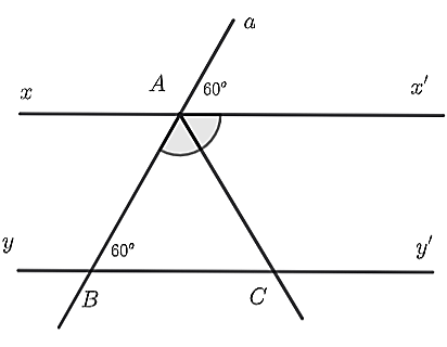Cho hình vẽ bên, biết   ˆ a A x ′ = 60 ∘  ,   ˆ A B C = 60 ∘   và tia   A C   là tia phân giác của   ˆ B A x ′ .      a)   ˆ a A x ′   và   ˆ A B C   là hai góc so le trong.  b)   x ′ x ∥ y y ′ .    c)   ˆ B A x ′ = 120 ∘ .    d)   A B   là tia phân giác của   ˆ x A C  . (ảnh 1)