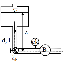 Bơm B hút dầu từ một bình chứa qua đường ống dài l = 1,8 m với Q = 4 l/s. Biết z = 1,2 m; tại khóa có ξk = 4,8. Dầu có ν = 1 cm²/s; ρ = 860 kg/m³. Áp suất chân không tại mặt cắt vào bơm pck = (ảnh 1)