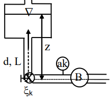 Bơm B đẩy dầu từ một bình chứa qua đường ống dài L = 1,4 m, đường kính d = 0,03 m với Q = 6 dm³/s. Biết z = 3 m; ξk = 4. Dầu có độ nhớt ν = 2 cm²/s; γ = 8450 N/m³. Dầu chảy tầng. Áp suất đẩy  (ảnh 1)