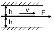 Tấm phẳng có diện tích S = 0,6 m², được kéo trượt ngang ở giữa, cách thành cố định h = 5 mm trong dầu có μ = 0,163 N·s/m², với vận tốc v = 1,0 m/s. Lực F cần thiết để kéo tấm phẳng là: (ảnh 1)
