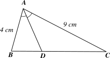 Cho   Δ A B C   có   A B = 4 c m ; A C = 9 c m .   Gọi   A D   là tia phân giác của   ˆ B A C .   Tỉ số   C D B D   bằng (ảnh 1)
