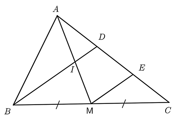 Cho tam giác   A B C   có   A M   là đường trung tuyến. Lấy   D   thuộc   A C   sao cho   A D = 1 2 D C  . Kẻ   M E ∥ B D     ( E ∈ D C )  ,   B D   cắt   A M   tại   I  .  a)   A D = 1 2 D E .    b)   I   là trung điểm của   A M  .  c)   S A I B = S I M B .    d)   S A B C = 3 S I B C . (ảnh 1)