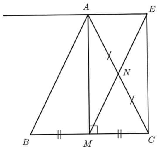 Cho tam giác   A B C   cân tại   A   có đường cao   A M  ,   N   là trung điểm của   A C  . Kẻ   A x ∥ B C   cắt   M N   tại   E  .  a)   N   là trung điểm của   B C .    b)   M E ∥ A B .    c)   A E = 1 2 M C .    d) Tứ giác   A E C M   là hình chữ nhật. (ảnh 1)