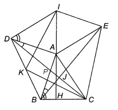 Cho tam giác   A B C  . Dựng bên ngoài tam giác đó hai tam giác   A B D , A C E   vuông cân tại đỉnh   A   rồi dựng hình bình hành   A E I D  . Biết   ˆ D A I = ˆ A B C  . Gọi   K   là trung điểm của   B D .    a)   ˆ D A I + ˆ B A H = 45 ∘  .  b)   A I ⊥ B C  .  c)   ˆ E B A = ˆ C D A  .  d)   K A = 1 2 K B  . (ảnh 1)