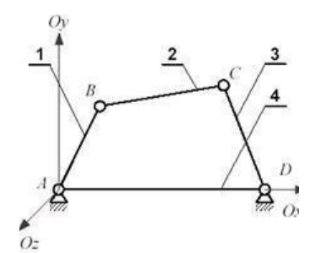  Tính bậc tự do của cơ cấu 4 khâu bản lề trong không gian như hình vẽ: (ảnh 1)