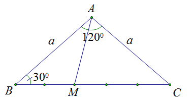 Cho tam giác  A B C   cân tại   A   biết   ˆ A = 120 ∘   và   A B = A C = a  . Lấy điểm  M   trên cạnh   B C   sao cho   B M = 2 5 B C  . Tính độ dài   A M  . (ảnh 1)