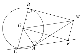 Cho \(\left( {O\;{\rm{;}}\;R} \right)\). Từ điểm \(M\) ở ngoài đường tròn vẽ tiếp tuyến \(MA,MB\) đến đường tròn. Đường trung trực của đường kính \(BC\) cắt đường thẳng \(AC\) tại \(K\). Tính (ảnh 1)