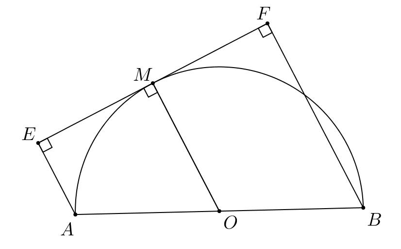Cho nửa đường tròn \(\left( O \right)\) đường kính \(AB = 2R\). Từ một điểm khác \(A\) và \(B\) trên nửa đường tròn, kẻ tiếp tuyến với nửa đường tròn và gọi \(E;F\) theo thứ tự là chân các đư (ảnh 1)