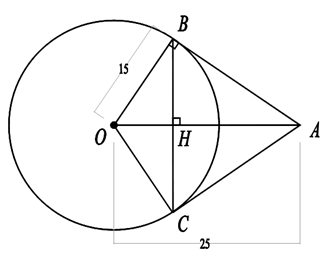 Cho đường tròn \[\left( O \right)\] bán kính \[15cm\]. Điểm \[A\] nằm ngoài đường tròn, \[OA = 25cm\]. Kẻ tiếp tuyến AB với đường tròn \[\left( O \right)\], dây \[BC\] vuông góc với \[OA\]. C (ảnh 1)
