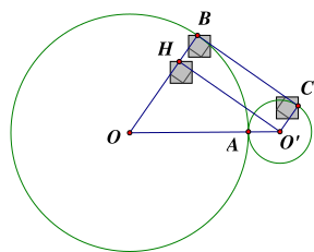 Biết rằng hai đường tròn \(\left( {O;4cm} \right)\) và \(\left( {O';1cm} \right)\) tiếp xúc ngoài. Vẽ tiếp tuyến chung ngoài \(BC\) của hai đường tròn, \(B \in \left( O \right)\), \(C \in \le (ảnh 1)