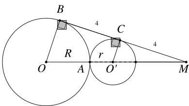 Cho hai đường tròn \(\left( {O;R} \right)\) và tiếp xúc ngoài tại \(A\). Tiếp tuyến chung ngoài \(BC\) cắt đường nối tâm ở \(M\), trong đó \(B \in \left( O \right)\), \(C \in \left( {O'} \rig (ảnh 1)