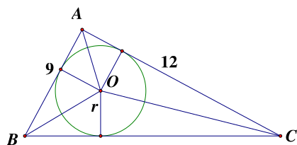 Cho \(\Delta ABC\) vuông tại \(A\) có: \[AB  =  9 cm; AC  =  12 cm\], bán kính đường tròn nội tiếp \(\Delta ABC\) bằng (ảnh 1)