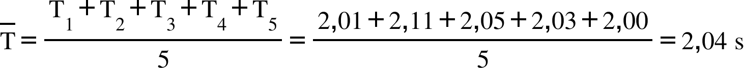 top enclose straight T equals fraction numerator straight T subscript 1 plus straight T subscript 2 plus straight T subscript 3 plus straight T subscript 4 plus straight T subscript 5 over denominator 5 end fraction equals fraction numerator 2 comma 01 plus 2 comma 11 plus 2 comma 05 plus 2 comma 03 plus 2 comma 00 over denominator 5 end fraction equals 2 comma 04 space straight s