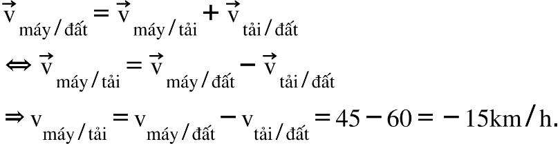 straight v with rightwards arrow on top subscript máy divided by đất end subscript equals straight v with rightwards arrow on top subscript máy divided by tải end subscript plus straight v with rightwards arrow on top subscript tải divided by đất end subscript left right double arrow straight v with rightwards arrow on top subscript máy divided by tải end subscript equals straight v with rightwards arrow on top subscript máy divided by đất end subscript minus straight v with rightwards arrow on top subscript tải divided by đất end subscript rightwards double arrow straight v subscript máy divided by tải end subscript equals straight v subscript máy divided by đất end subscript minus straight v subscript tải divided by đất end subscript equals 45 minus 60 equals negative 15 km divided by straight h.