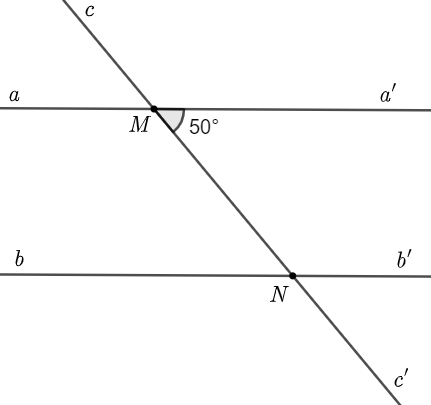 Cho hình vẽ, biết  a a ′ ∥ b b ′  và  ˆ a ′ M N = 50 ∘ . Số đo của  ˆ M N b  là (ảnh 1)