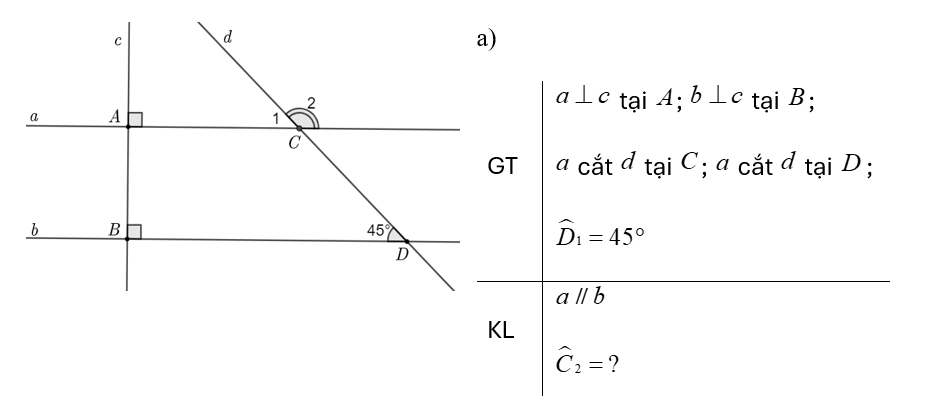 Cho đường thẳng c cùng vuông góc với hai đường thẳng a và b lần lượt tại hai điểm A và B . Đường thẳng d cắt hai đường thẳng a và b lần lượt tại hai điểm C và D (như hình vẽ). Biết ˆ D 1 = 45 ∘ . (ảnh 2)