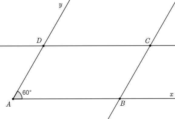 Cho ˆ x A y = 60 ∘ . Trên tia O x , O y lần lượt lấy hai điểm B , C khác điểm O . Từ điểm B vẽ đường thẳng song song với A x (ảnh 1)