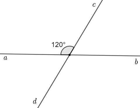 Cho hai đường thẳng a b và c d cắt nhau tại O sao cho ˆ a O c = 120 ∘ . Khẳng định nào dưới đây là đúng? (ảnh 1)