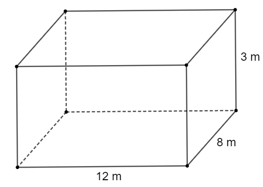 Một hồ bơi có dạng hình hộp chữ nhật có kích thước trong lòng hồ là: chiều dài 12 m, chiều rộng 8 m và chiều sâu 3 m. Người ta lát gạch bên trong lòng hồ (mặt đáy và 4 mặt xung quanh), biết g (ảnh 1)