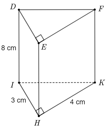 Cho hình vẽ.Thể tích của hình lăng trụ đứng  D E F . I H K  là: (ảnh 1)