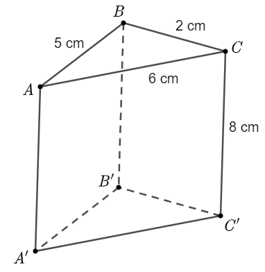 Cho hình vẽ. Diện tích xung quanh của hình lăng trụ đứng A B C . A ′ B ′ C ′ là (ảnh 1)