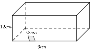 (a) Hình lăng trụ đứng có đáy là một hình bình hành với cạnh đáy là 6 cm và chiều cao tương ứng với cạnh đáy là 8 cm. Chiều cao của hình lăng trụ đứng là 12 cm. Tính thể tích hình lăng trụ. (ảnh 1)