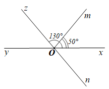 Cho góc bẹt x O y . Vẽ ba tia O m , O n , O z sao cho tia O m nằm giữa hai tia O x , O z và ˆ x O m = 50 ∘ , ˆ x O z = 130 ∘ . Vẽ tia O n là tia đối của tia O z . (ảnh 1)