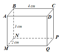 Cho hình hộp chữ nhật A B C D . M N P Q có độ dài N B = 3 c m , B C = 4 c m , M N = 2 c m . Chiều dài mặt đáy hình hộp là A. 1 c m (ảnh 1)
