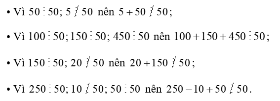 Trong các tổng (hiệu) sau, tổng (hiệu) nào chia hết cho 50 ? (ảnh 1)