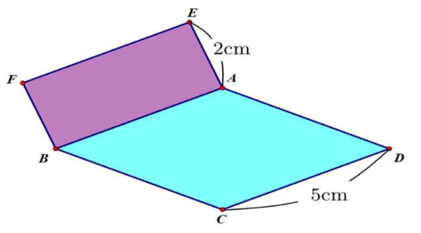 Cho hình chữ nhật A B F E và hình thoi A B C D , biết C D = 5 c m và A E = 2 c m . Diện tích của hình chữ nhật A B F E bằng (ảnh 1)