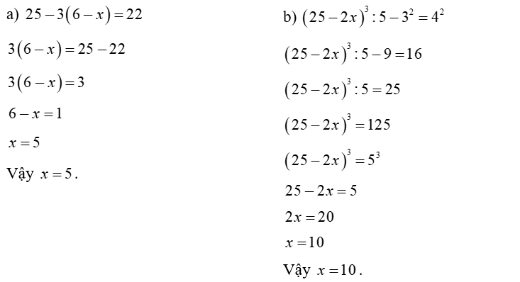 Tìm x , biết: (a) 25 − − 3 ( 6 − − x ) = 22 (ảnh 1)