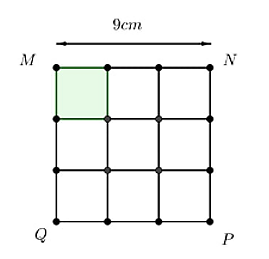 Xếp 9 mảnh hình vuông nhỏ bằng nhau tạo thành hình vuông M N P Q . Biết M N = 9 cm. Diện tích của hình vuông nhỏ là (ảnh 1)