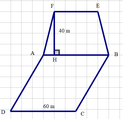 Một mảnh đất hình thoi A B C D có cạnh bằng 60 m. Ngay bên cạnh, người ta đào một cái ao hình thang cân A B E F có chiều cao F H = 40 m (như hình vẽ). (ảnh 1)