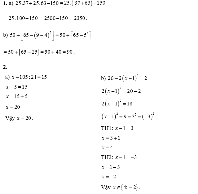 1. Thực hiện phép tính:  (a)  25 . 37 + 25 . 63 − 150 (ảnh 1)