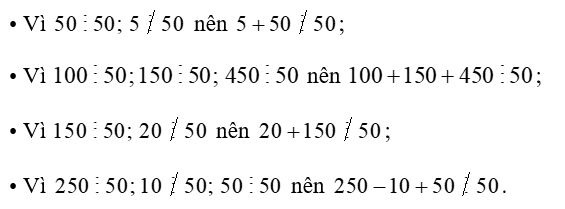 Trong các tổng (hiệu) sau, tổng (hiệu) nào chia hết cho 50 ? (ảnh 1)