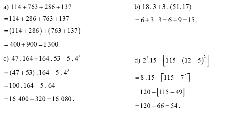 Thực hiện phép tính (tính nhanh nếu có thể): (a) 114 + 763 + 286 + 137 (ảnh 1)