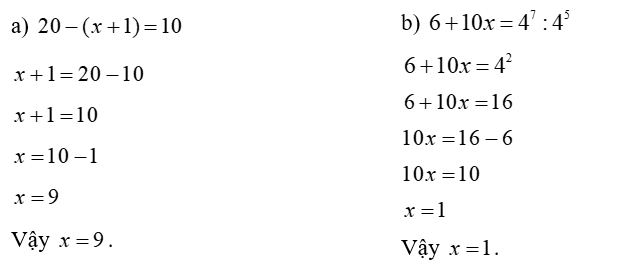 Tìm  x , biết:  (a)  20 − ( x + 1 ) = 10 (ảnh 1)