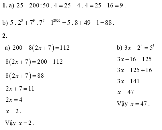1. Thực hiện phép tính: (a) 25 − 200 : 50 . 4 (ảnh 1)