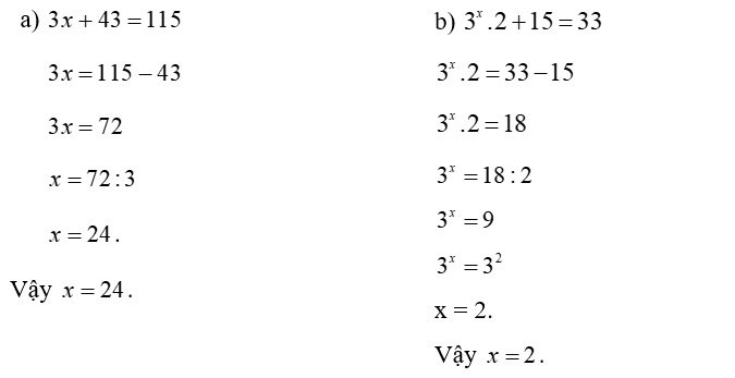 Tìm  x , biết:  (a)  3 x + 43 = 115 (ảnh 1)