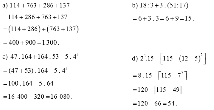 Thực hiện phép tính (tính nhanh nếu có thể): (a) 114 + 763 + 286 + 137 (ảnh 1)