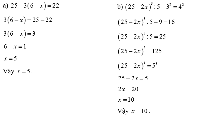 Tìm x , biết: (a) 25 − 3 ( 6− x ) = 22 (ảnh 1)