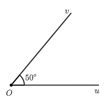 Cho góc hình học  u O v  có số đo  50 ∘ .  Xác định số đo của góc lượng giác  ( O u , O v )  trong hình dưới đây? (ảnh 1)