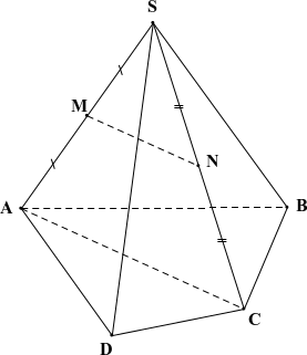 Cho hình chóp tứ giác  S . A B C D .  Gọi  M , N  lần lượt là trung điểm của  S A , S C .  Đường thẳng  M N  song song với mặt phẳng nào dưới đây? (ảnh 1)