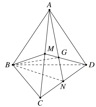 Cho tứ diện  A B C D .  Gọi  M , N  lần lượt là trung điểm của  A C , C D .  Giao tuyến của hai mặt phẳng  ( M B D )  và  ( A B N )  là (ảnh 1)