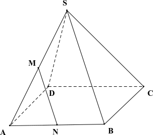 Cho hình chóp  S . A B C D  có đáy là hình bình hành. Gọi  M , N  lần lượt là trung điểm của  S A  và  A B . Khẳng định nào sau đây đúng? (ảnh 1)