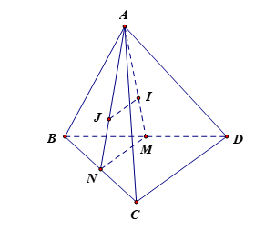 Cho tứ diện A B C D . Gọi I và J lần lượt là trọng tâm của tam giác A B D và A B C . Đường thẳng I J song song với đường thẳng nào? (ảnh 1)