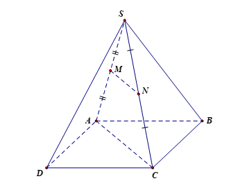 Cho hình chóp tứ giác S . A B C D . Gọi M và N lần lượt là trung điểm của S A và S C . Khẳng định nào sau đây đúng? (ảnh 1)