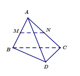Cho tứ diện A B C D . Gọi hai điểm M , N lần lượt là trung điểm của các cạnh A B , A C . Đường thẳng M N song song với mặt phẳng nào sau đây? (ảnh 1)